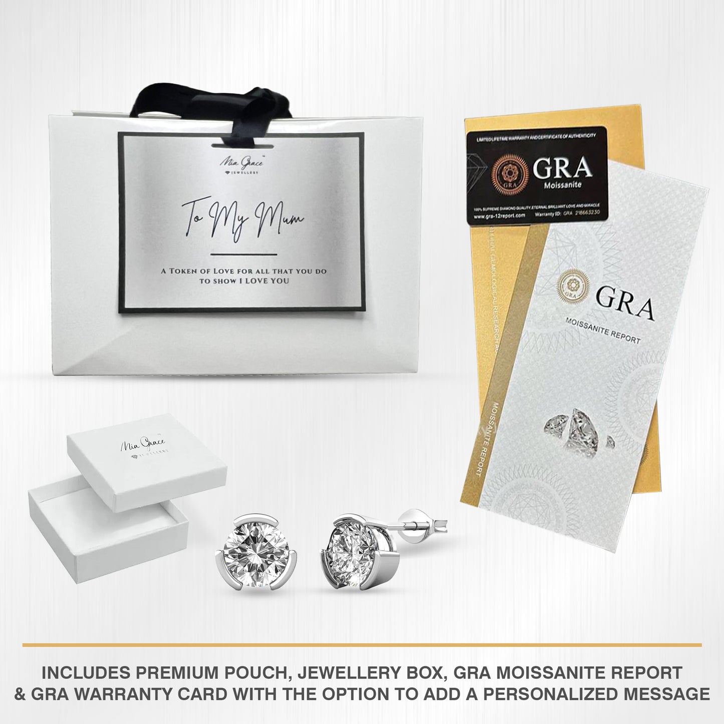 MGJ™ 1ct Moissanite Solitaire Stud Earrings 925 Sterling Silver GRA Certified 18K White Gold Plated