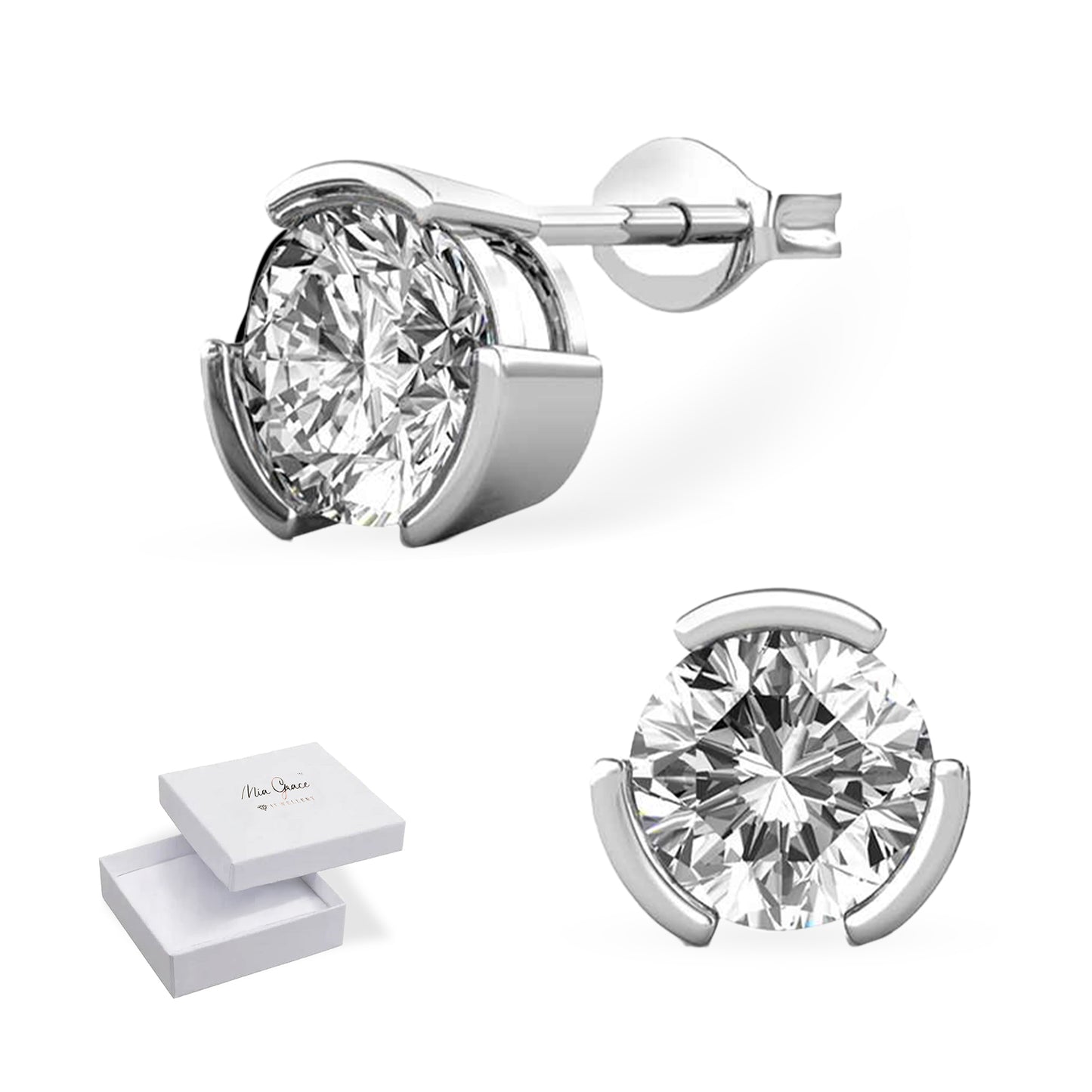 MGJ™ 1ct Moissanite Solitaire Stud Earrings 925 Sterling Silver GRA Certified 18K White Gold Plated