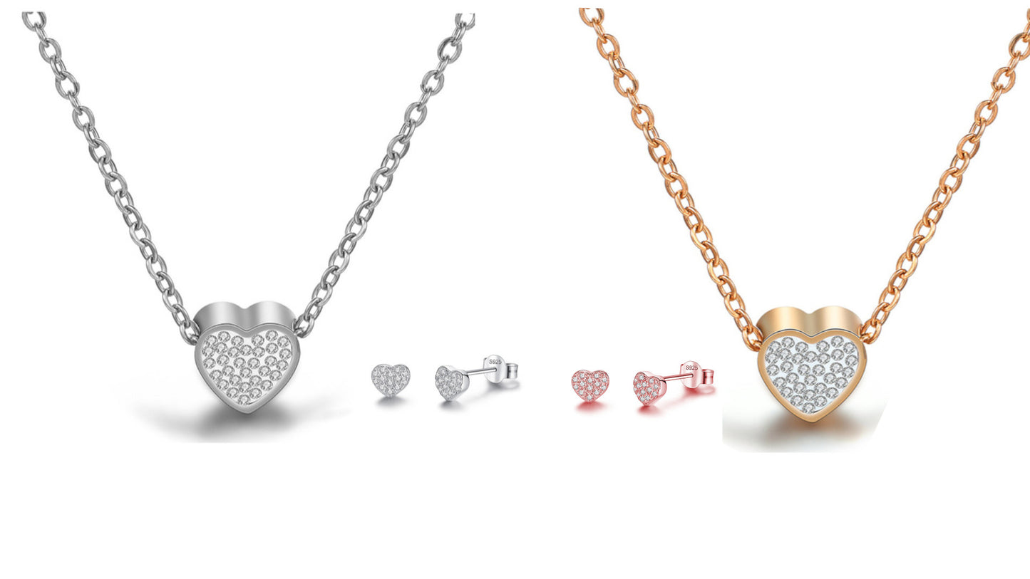 Pave Heart Pendant & Earrings