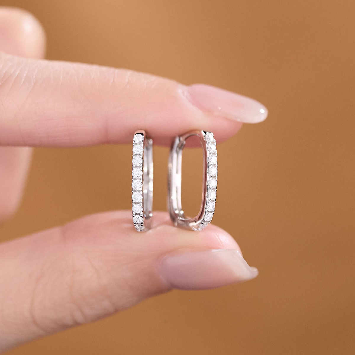 925 Silver White Gold Small Square Hoop Moissanite Diamond Earrings